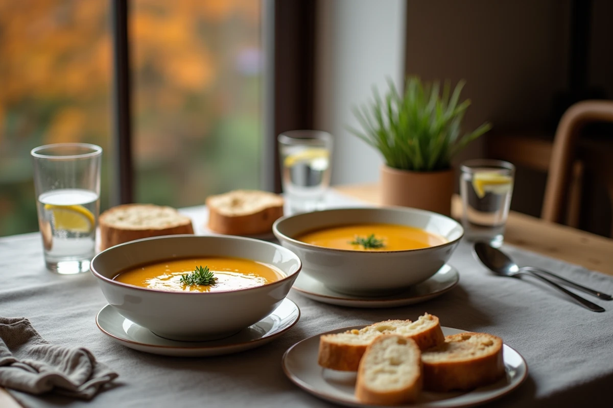 Table de dîner végétarien avec deux bols de soupe poireau potimarron au curry doux, pain au levain et décor automnal en fond