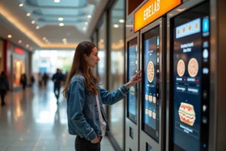 Femme utilisant un distributeur automatique de pizzas Mypizzadoor dans un centre commercial moderne