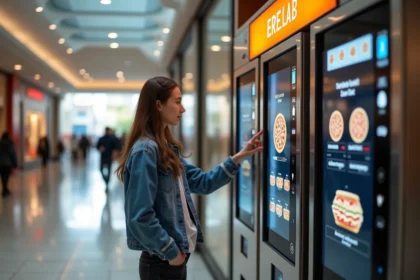 Femme utilisant un distributeur automatique de pizzas Mypizzadoor dans un centre commercial moderne