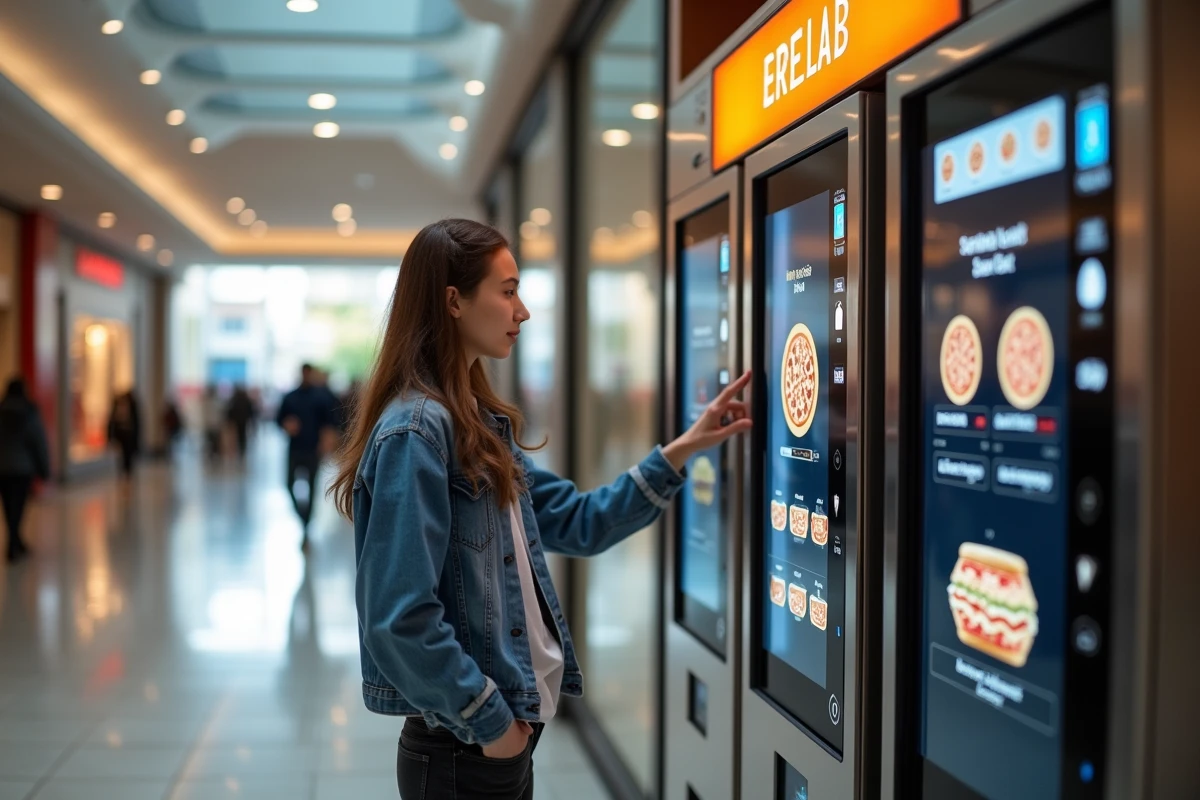 Femme utilisant un distributeur automatique de pizzas Mypizzadoor dans un centre commercial moderne