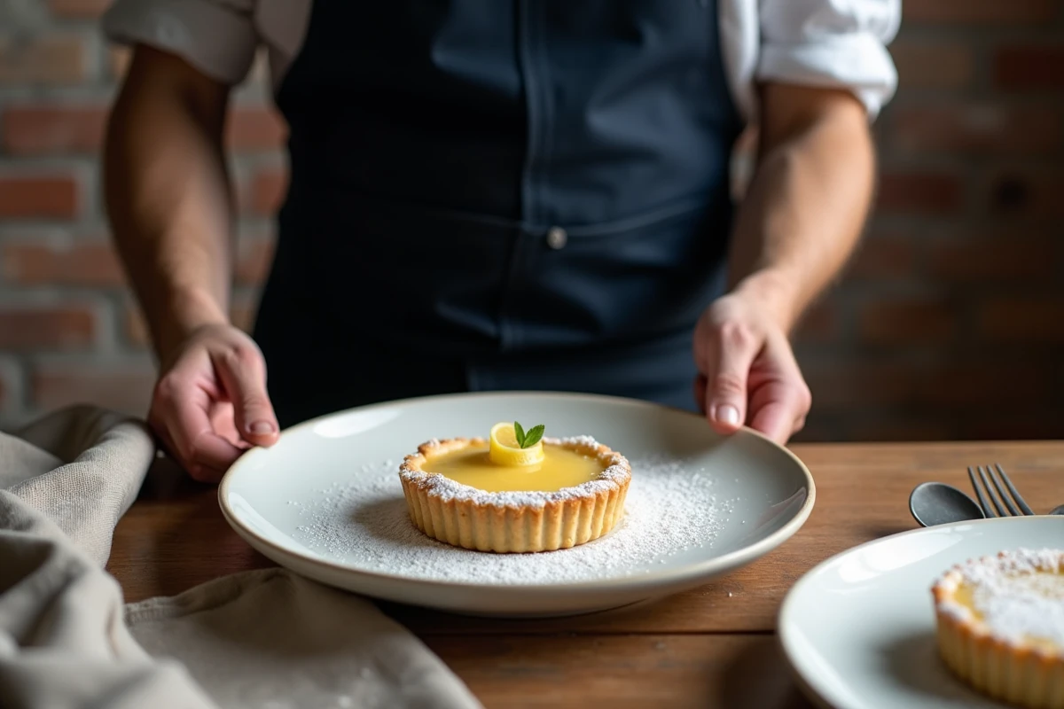 Homme dressant une tarte au citron maison sur assiette blanche dans un intérieur chaleureux