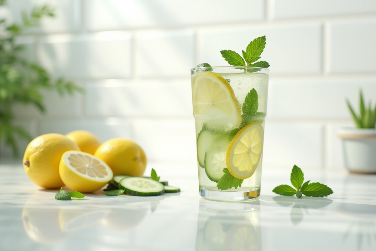 Eau infusée au citron et menthe dans une cuisine moderne