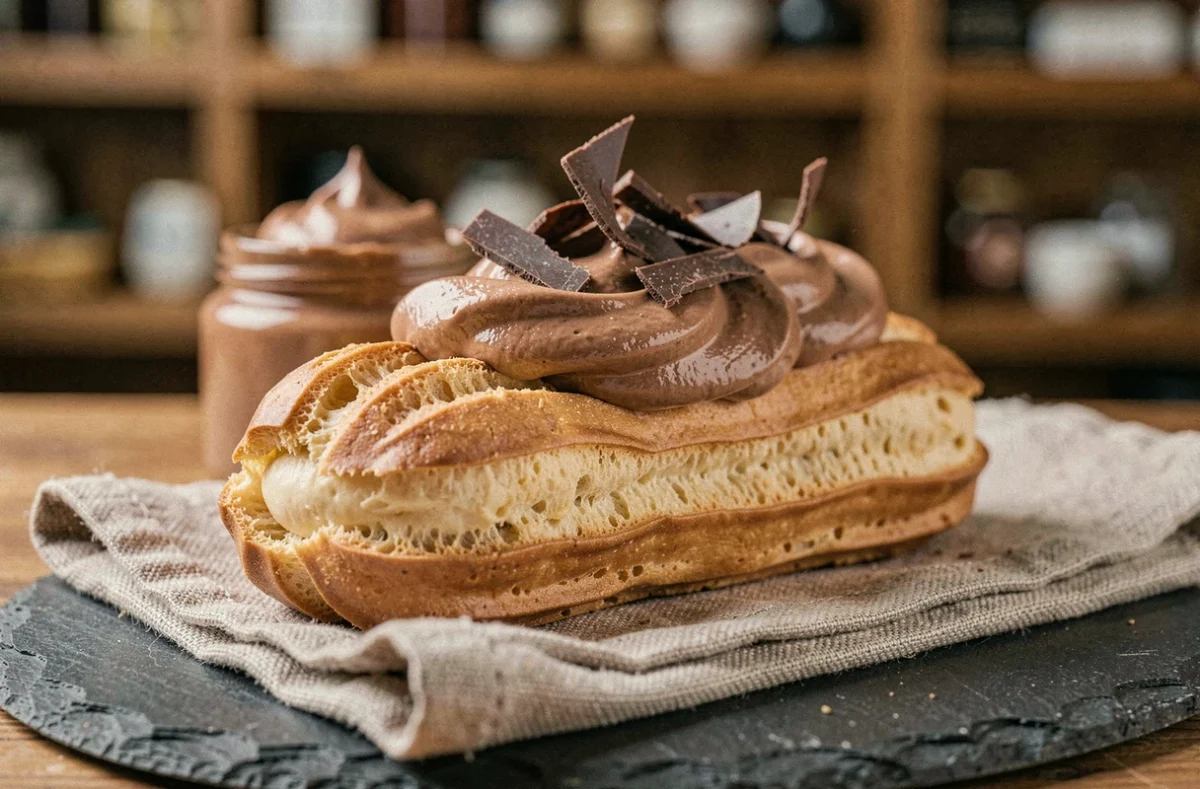 Éclair garni de crème pâtissière au chocolat sans oeuf dressé sur une ardoise, avec bocal de crème et copeaux de chocolat en arrière-plan flou