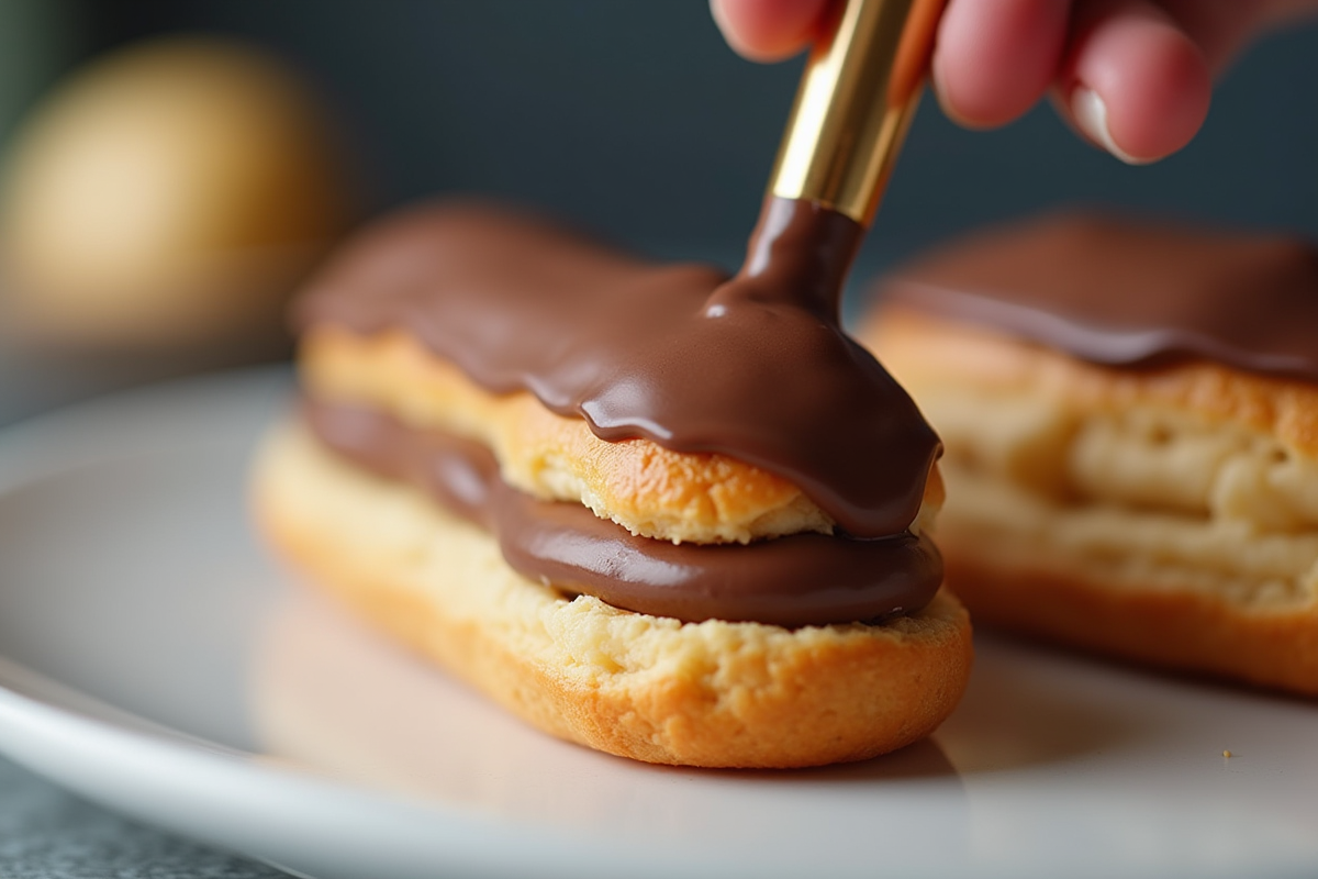 Gros plan sur un eclair en cours de remplissage au chocolat