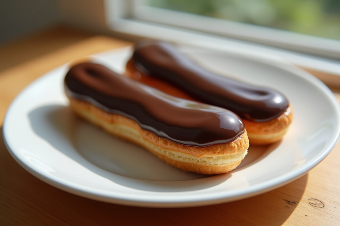 Eclairs au chocolat alignes sur une assiette en céramique blanche