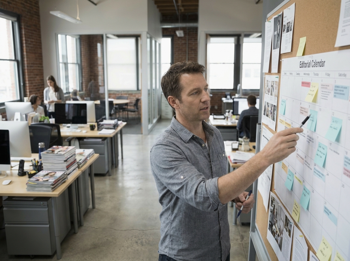 Éditeur masculin discutant du calendrier éditorial dans un bureau de presse moderne à aire ouverte