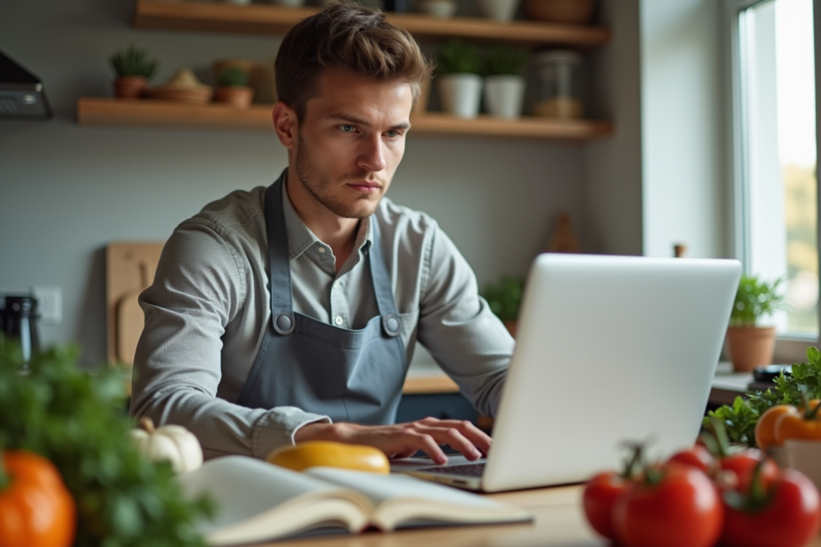 Étudiant adulte en cuisine moderne suivant un cours en ligne