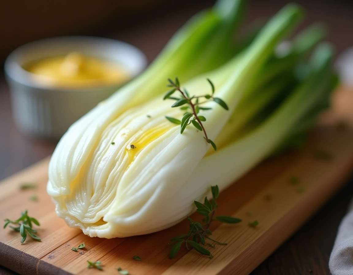 Endive cuite à la vapeur coupée en deux sur planche en bois avec garniture de thym et huile d'olive pour un accompagnement sain