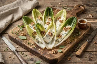 Feuilles d'endives garnies de fromage bleu et noix sur une planche rustique en bois pour un apéritif élégant