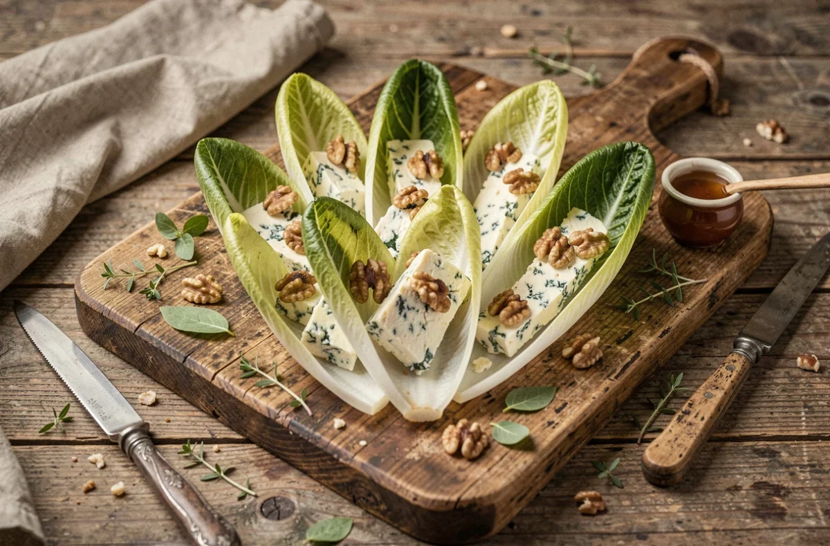 Feuilles d'endives garnies de fromage bleu et noix sur une planche rustique en bois pour un apéritif élégant