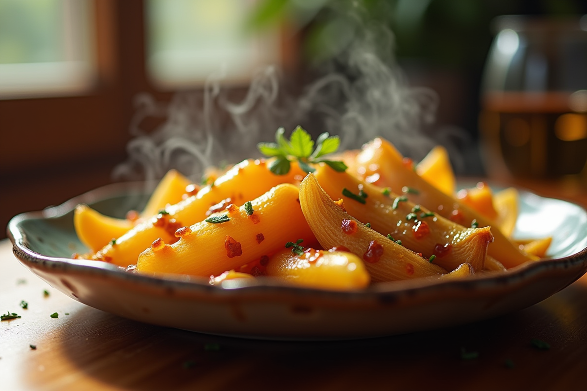 Endives caramélisées servies chaudes sur une assiette rustique