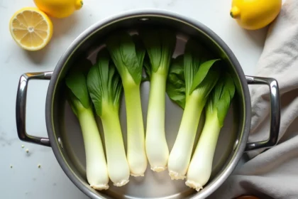 Endives fraîches dans un panier vapeur en inox vues de dessus, prêtes pour une cuisson vapeur express