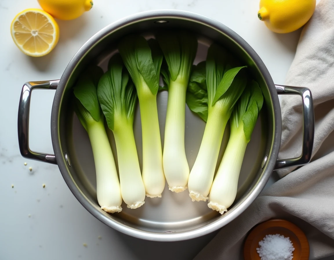 Endives fraîches dans un panier vapeur en inox vues de dessus, prêtes pour une cuisson vapeur express