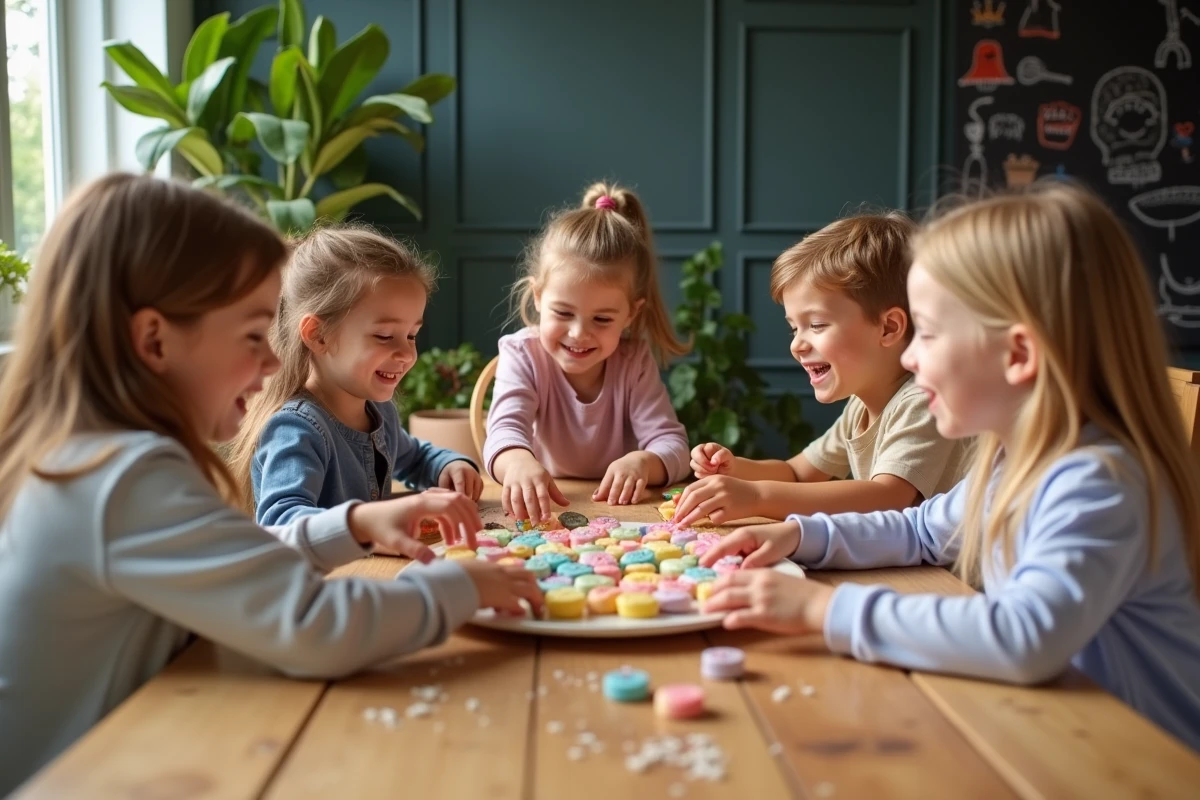 Enfants souriants partageant des friandises en forme de licorne
