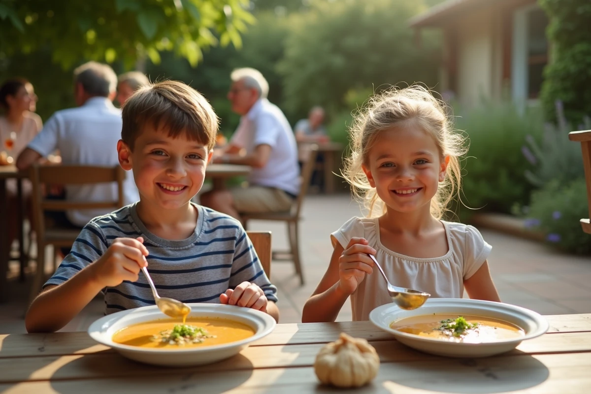 Enfants dégustant soupe au pistou dans un patio provençal en soirée