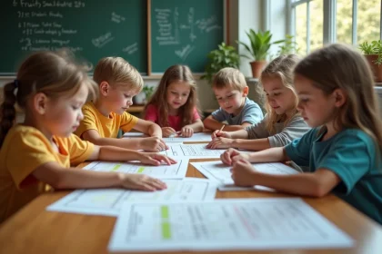Groupe d'enfants jouant à un quiz fruits et légumes Z