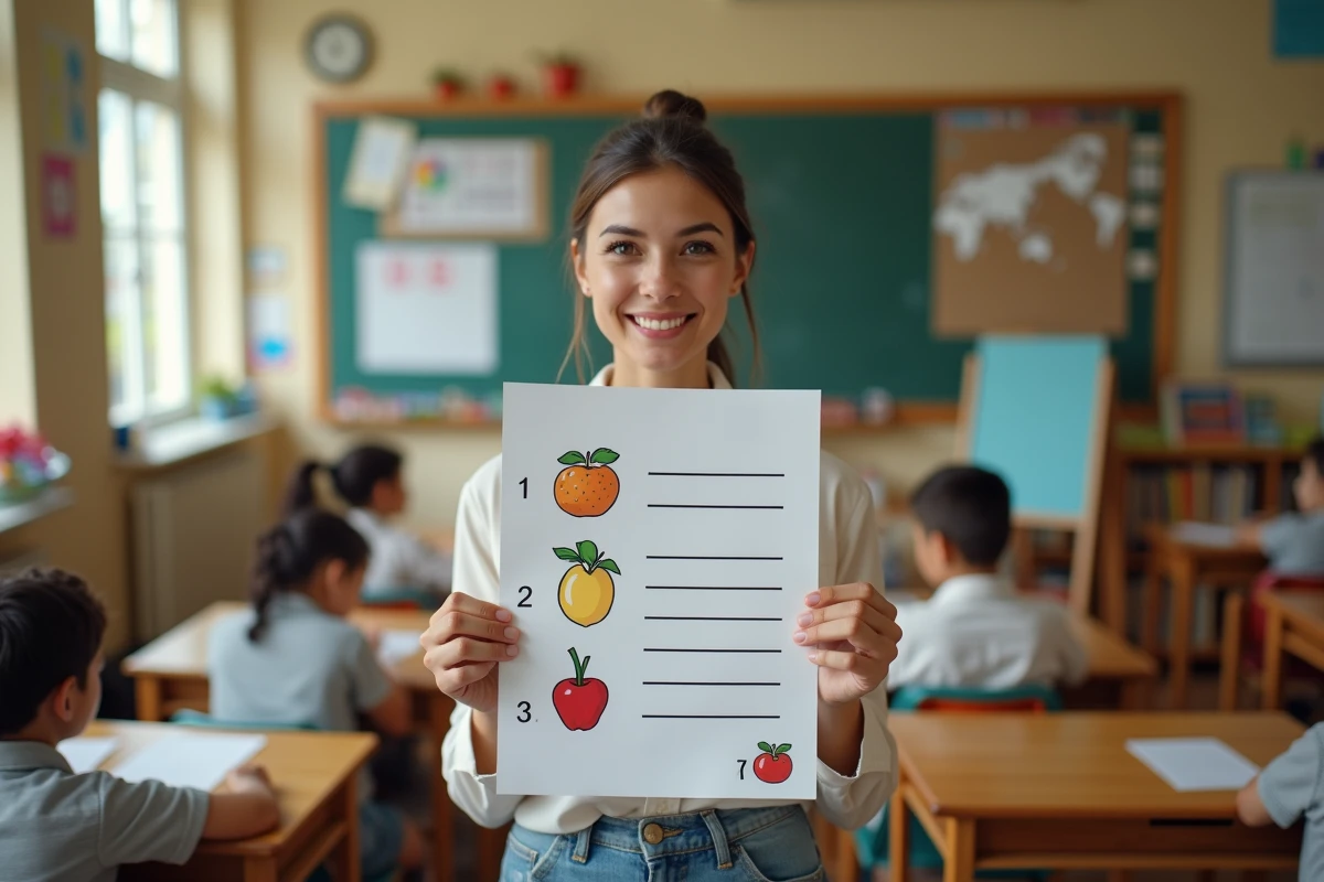 Jeune enseignante montrant un quiz fruits et légumes Z