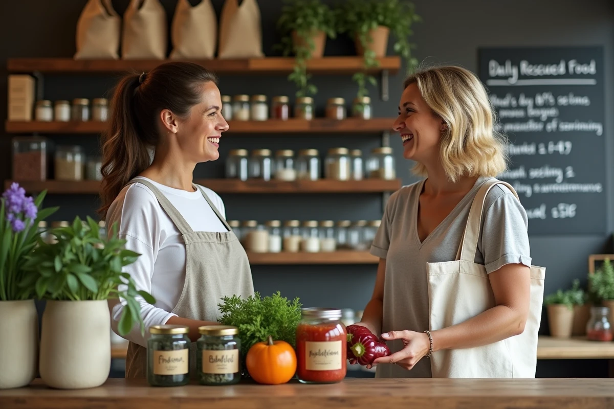 Deux femmes faisant leurs courses dans une épicerie coopérative anti-gaspi avec des bocaux en verre et des légumes imparfaits