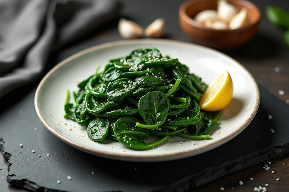 Assiette d'épinards frais sautés à la poêle avec une belle couleur verte préservée, dressée sur ardoise avec citron et fleur de sel