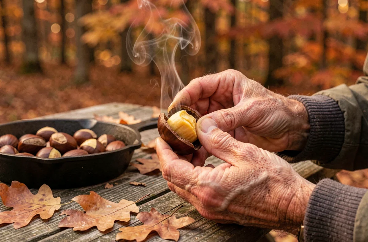 Mains masculines épluchant une châtaigne rôtie fumante en plein air lors d'une journée d'automne