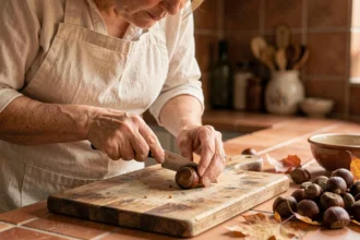 Femme épluchant des châtaignes avec un couteau sur une planche en bois rustique dans une cuisine d'automne