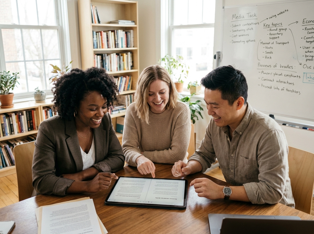 Équipe éditoriale diversifiée collaborant autour d'une tablette lors d'une réunion de rédaction dans un espace de coworking