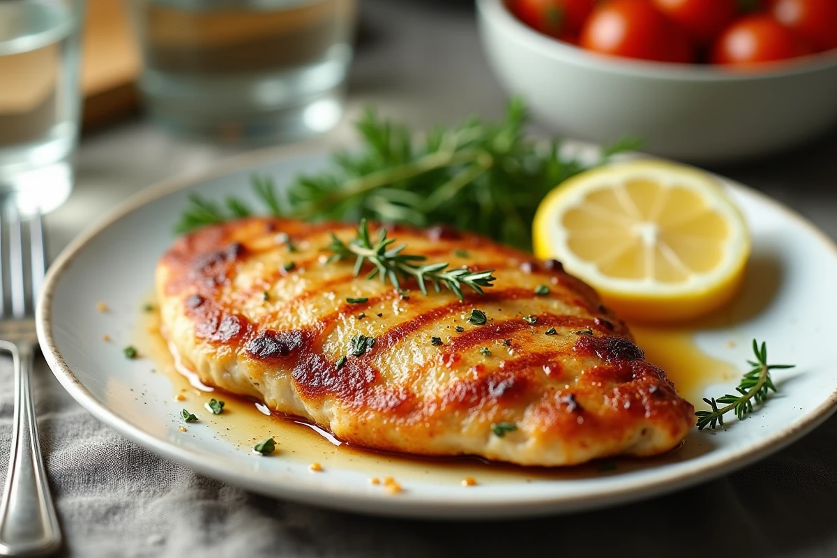 Escalope de poulet dorée et croustillante sortie du four servie sur une assiette blanche avec du thym frais et des tranches de citron