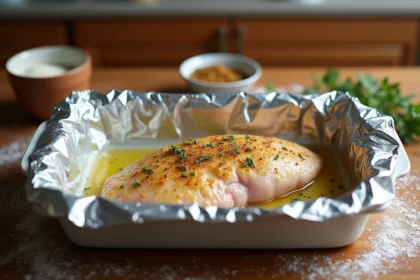 Escalope de poulet crue dans un plat en céramique partiellement recouvert de papier aluminium prête pour la cuisson au four