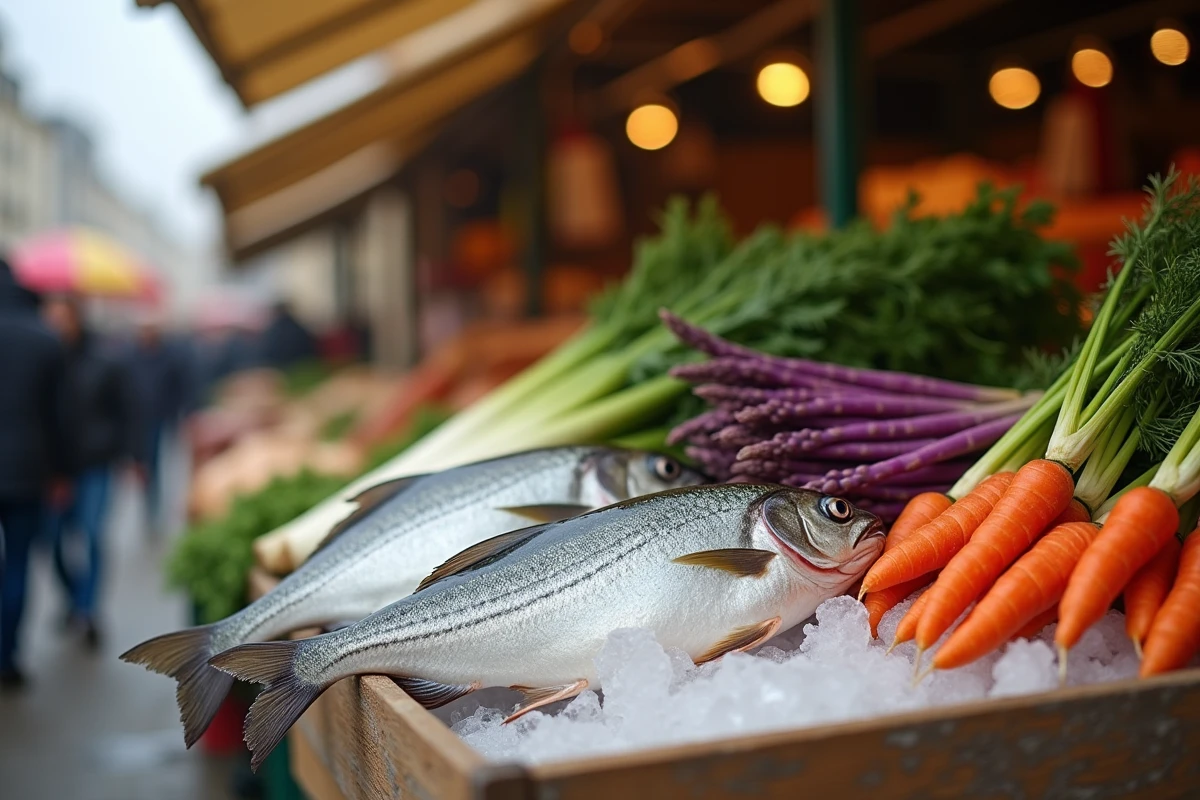 Étal de marché avec poissons blancs entiers sur glace et légumes frais de saison, carrés et asperges violettes