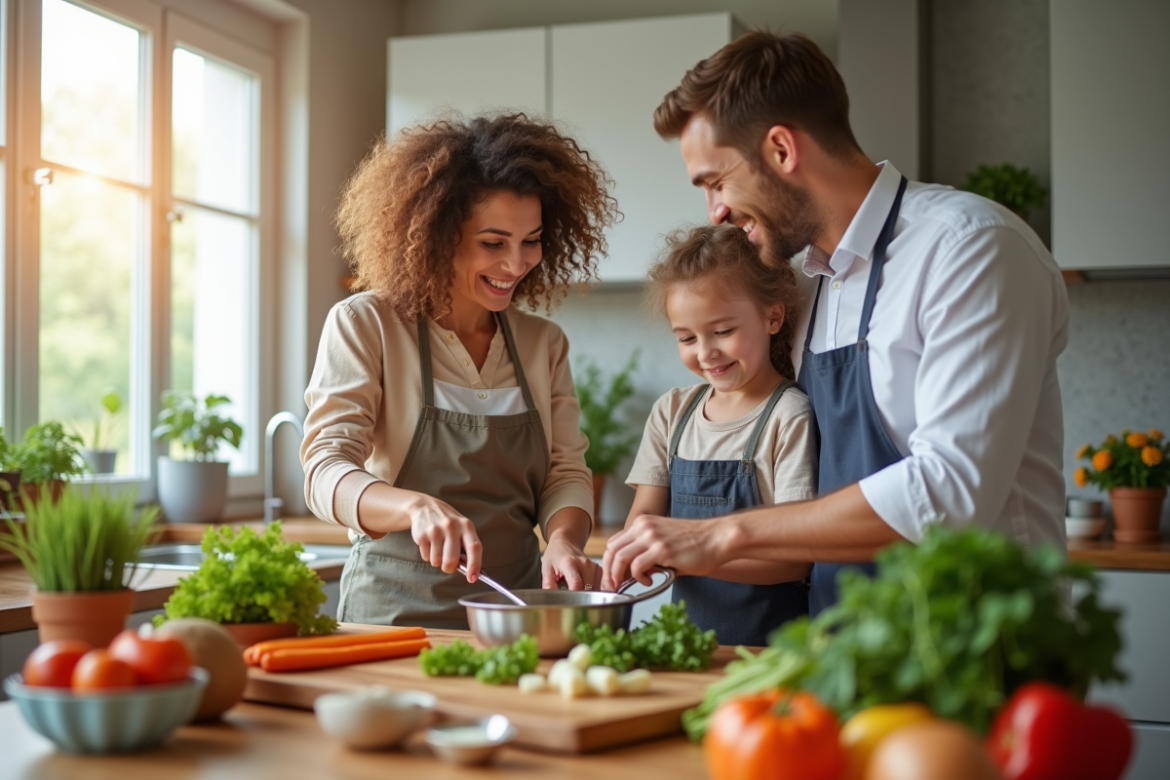 Famille heureuse cuisinant ensemble dans une cuisine lumineuse