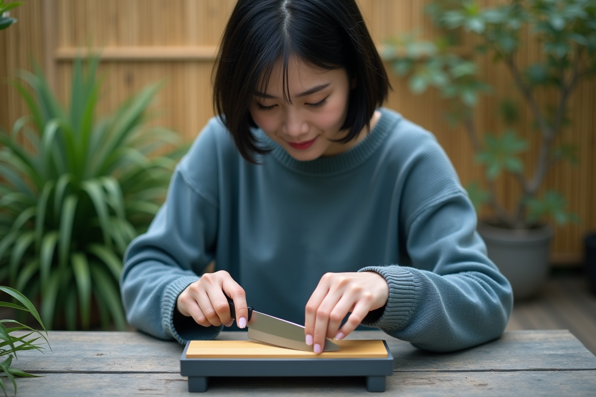 Femme affutant un couteau dans un jardin en extérieur