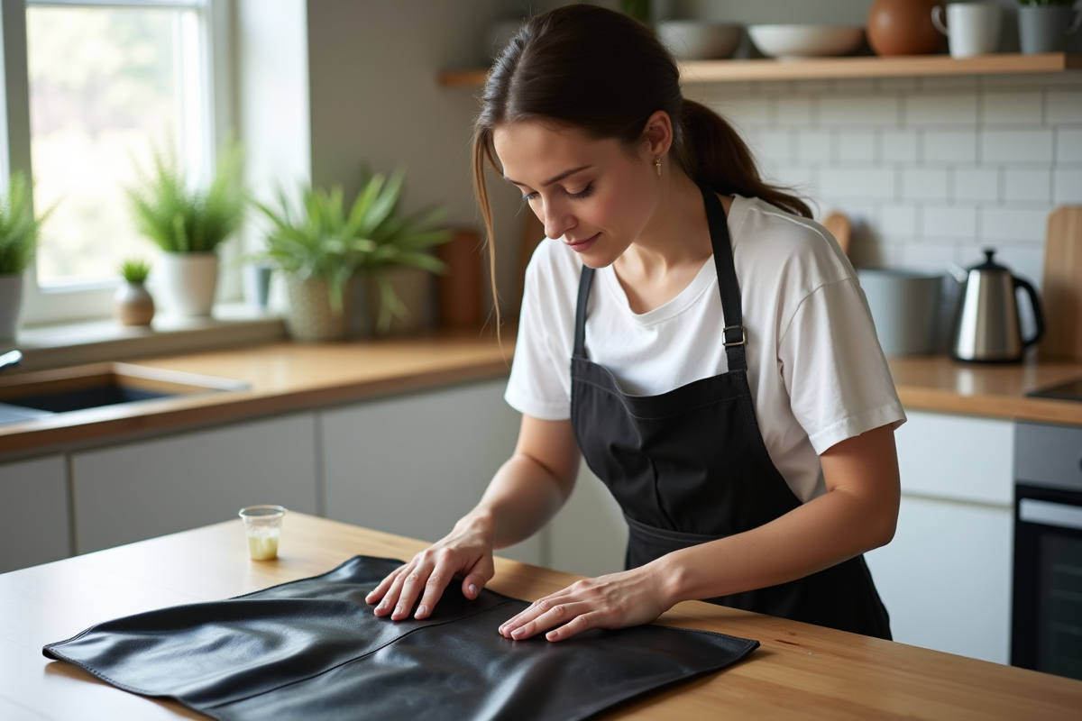 Jeune femme appliquant un conditionneur sur un tablier en cuir noir