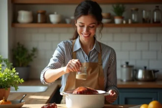 Femme souriante assaisonnant un rôti de porc dans une cocotte en cuisine