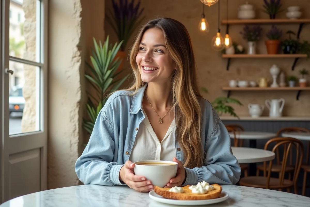 Femme savourant un café au lait dans un bistrot brunch chaleureux au décor provençal à Hyères