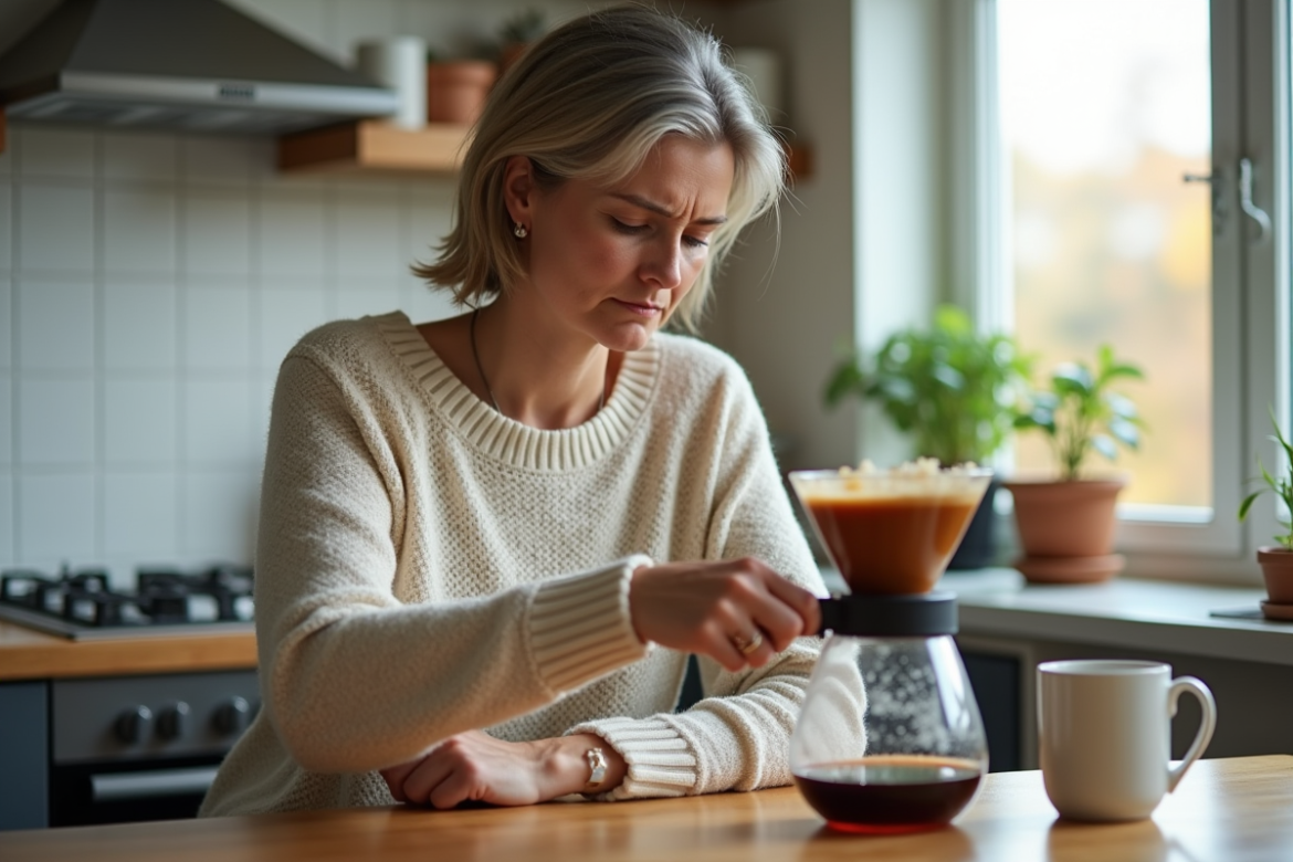 Femme inspectant un cafetière filtre qui fuit à la maison