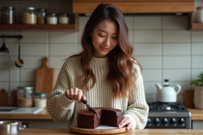Jeune femme souriante coupe un gâteau au chocolat moelleux
