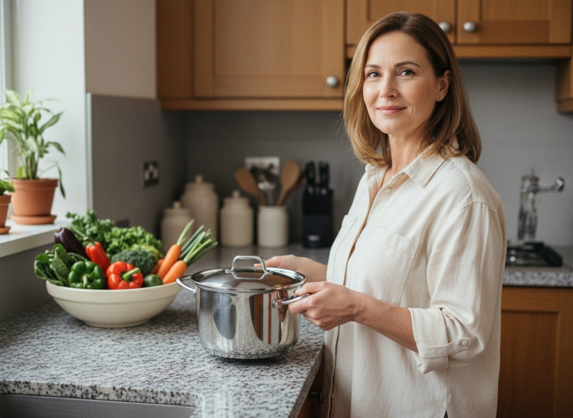 Femme souriante tenant une casserole en cuisine moderne