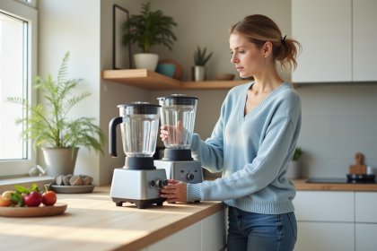 Femme comparant deux blenders dans une cuisine lumineuse