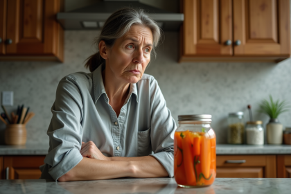 Femme concentrée examinant une jarre de fermentation maison