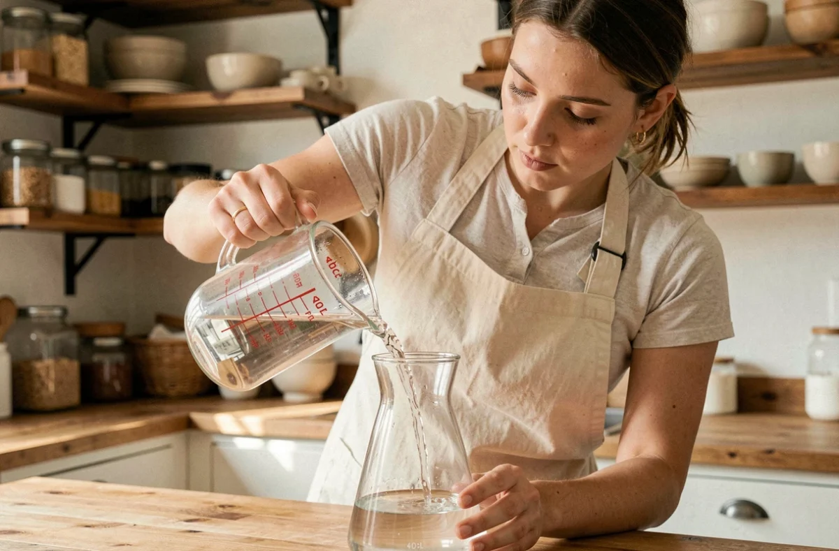 Femme versant 40 cl d'eau depuis un verre doseur dans une carafe d'un litre dans une cuisine rustique en bois pour illustrer la conversion des centilitres en litres