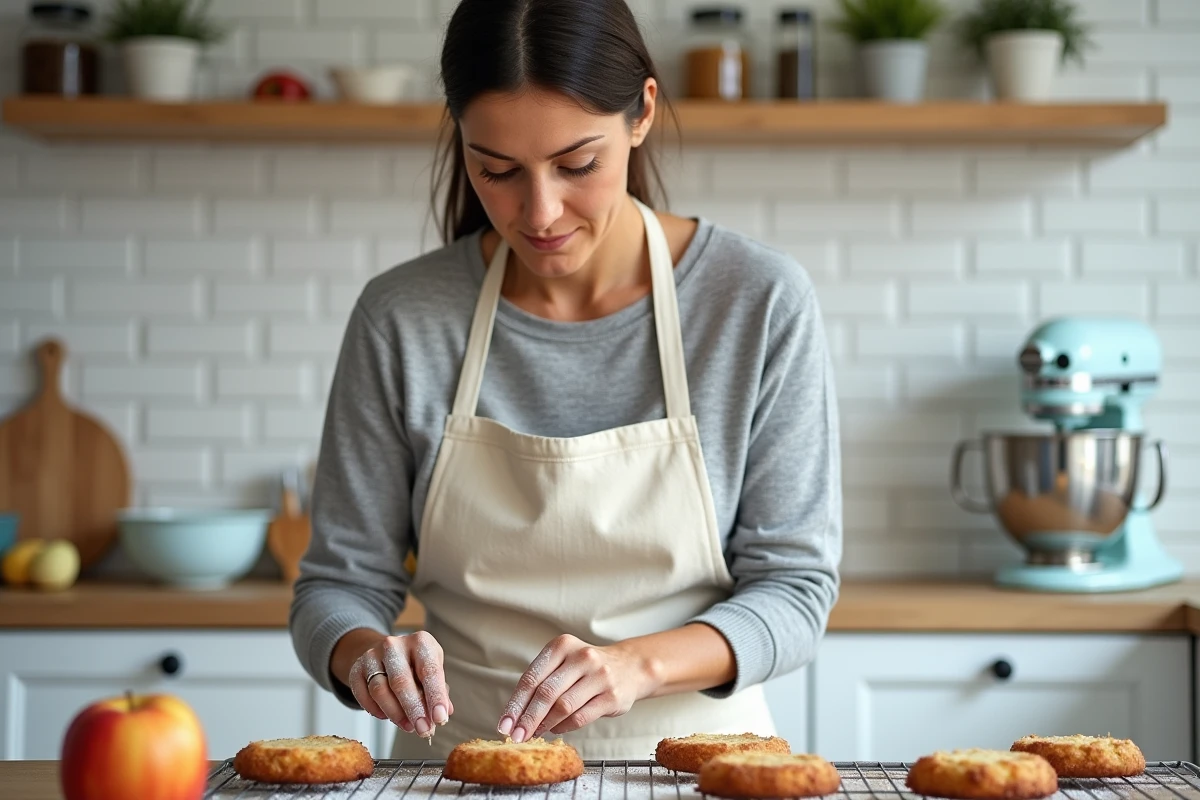 Femme déposant des beignets aux pommes cuits au four sur une grille de refroidissement dans une cuisine moderne