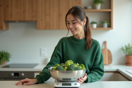 Jeune femme en cuisine préparant du brocoli frais