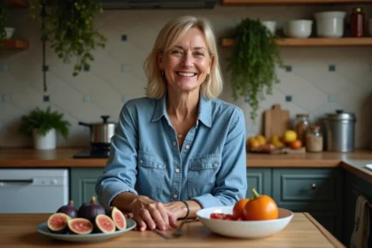 Femme souriante dans la cuisine arrangeant des figues et tomates