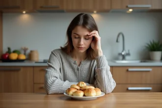 Femme pensant devant un plateau de snacks et pâtisseries