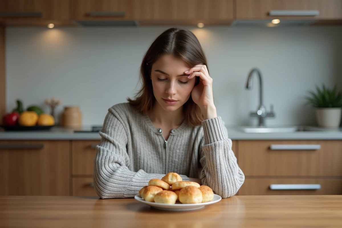 Femme pensant devant un plateau de snacks et pâtisseries
