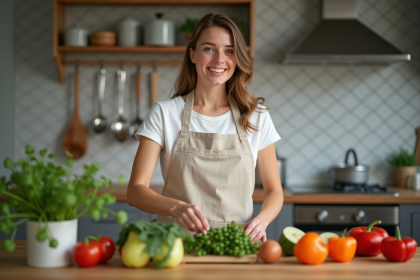 Femme en tablier de coton arrangeant des légumes frais