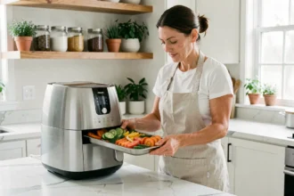 Femme cuisinant des légumes sains dans un airfryer Philips dans une cuisine moderne
