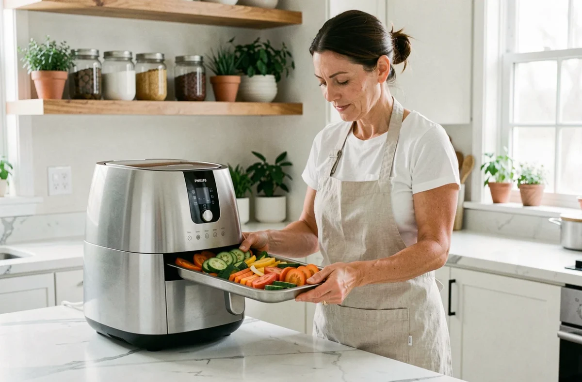 Femme cuisinant des légumes sains dans un airfryer Philips dans une cuisine moderne