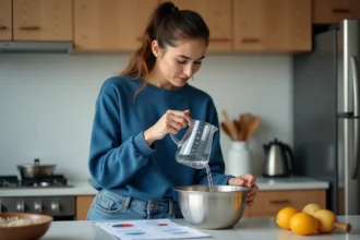 Jeune femme verse de l'eau dans un bol en cuisine moderne