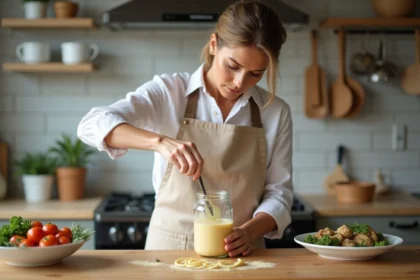 Femme versant sauce d ail maison dans un bol en cuisine